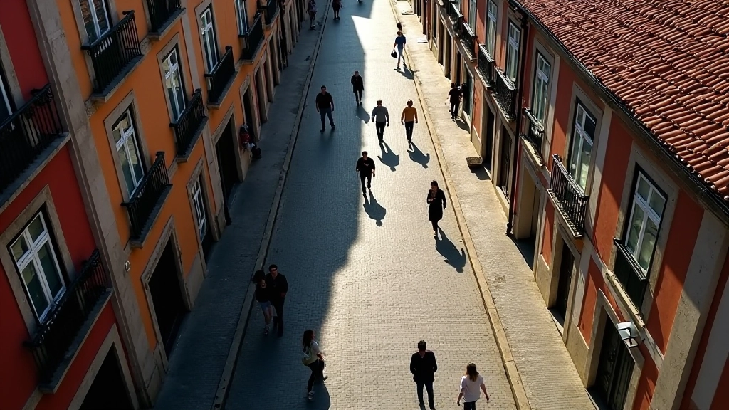 Composição de fotografia de rua com linhas convergentes em rua portuense