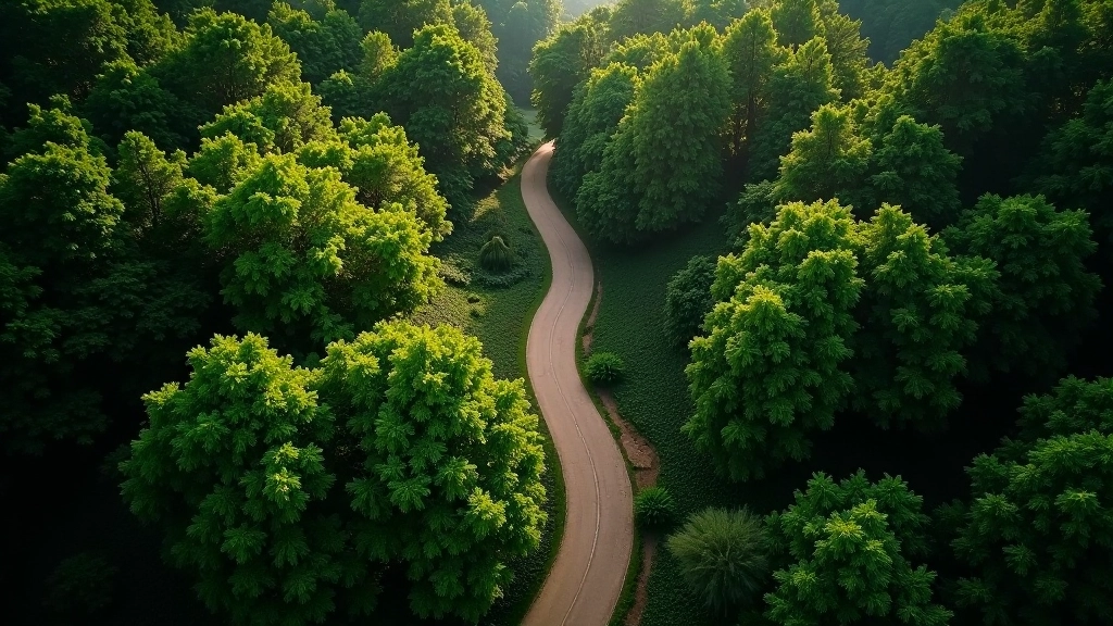 Vista aérea de um caminho florestal sinuoso entre árvores verdes em Sintra, com luz natural difusa