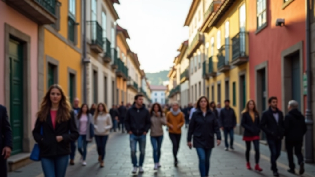 Rua movimentada em Porto com arquitetura tradicional e pessoas em movimento