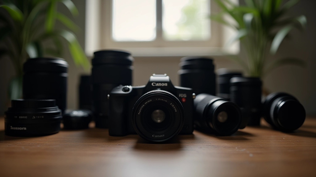 Câmara profissional com lente e equipamento fotográfico em mesa de madeira, iluminação natural, composição limpa e detalhes nítidos