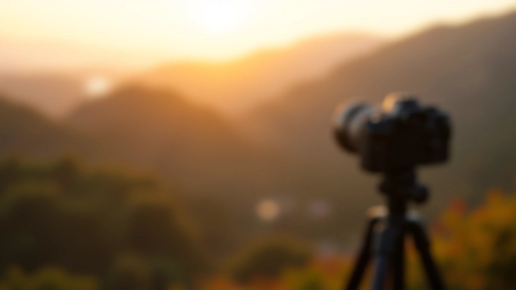 Câmara profissional em tripé posicionada em frente a uma paisagem montanhosa de Sintra