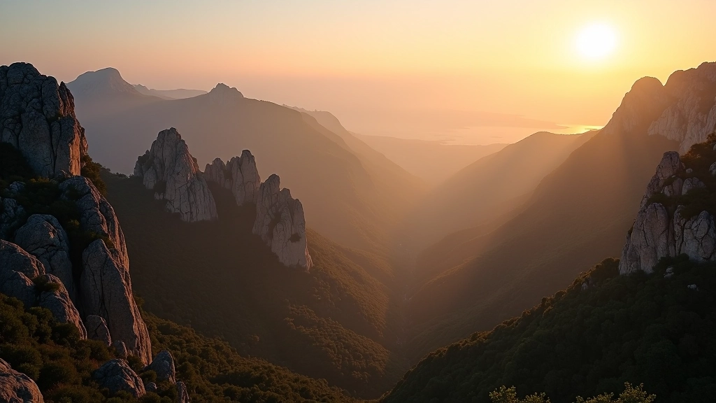 Paisagem montanhosa com formações rochosas e céu ao pôr do sol em Sintra