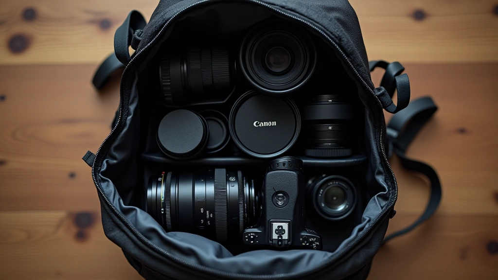 Mochila de fotografia aberta mostrando câmara, lentes, filtros e acessórios organizados dentro