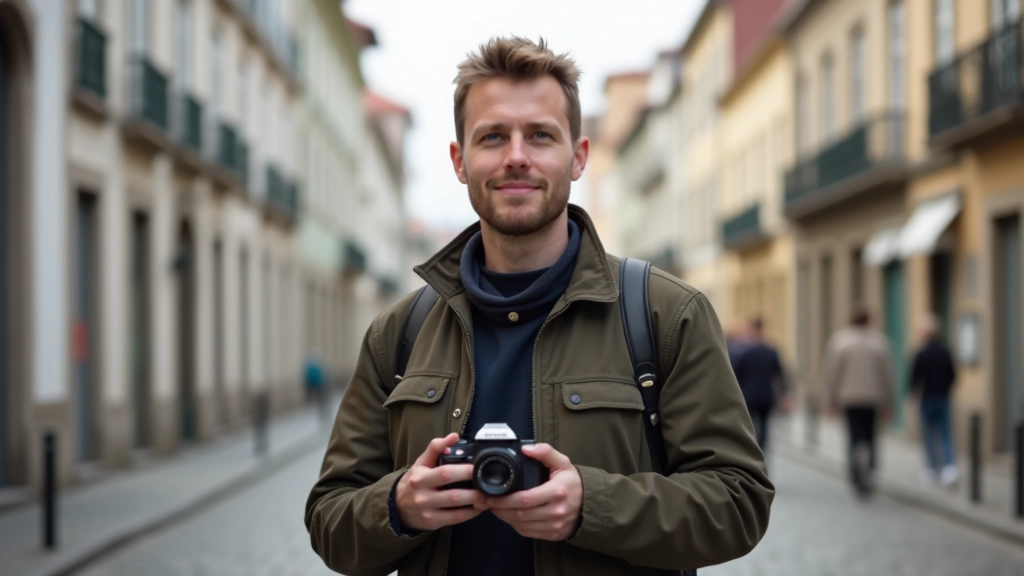 Fotógrafo de rua em Porto usando lente de 35mm, rua tradicional de fundo