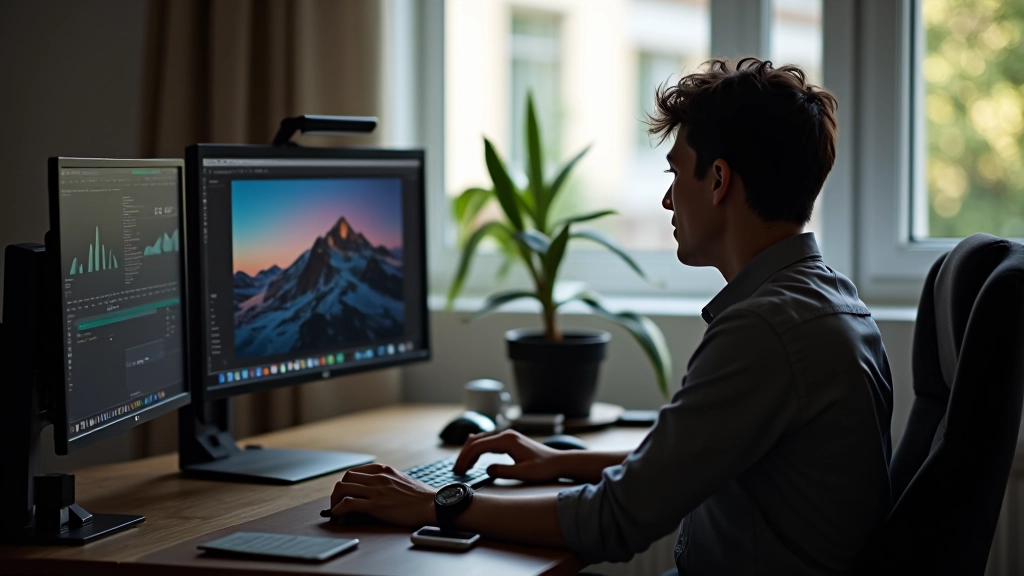 Fotógrafo trabalhando em computador com monitor grande mostrando software de edição aberto durante sessão de trabalho