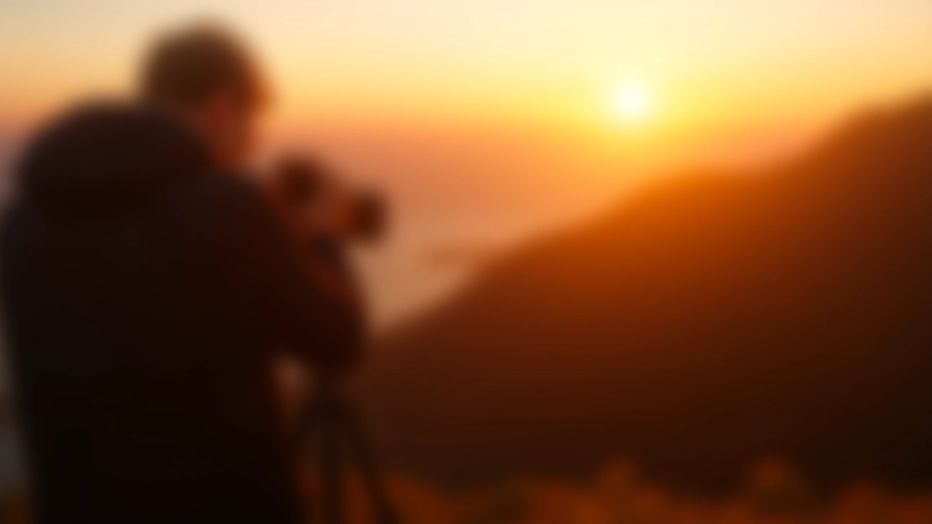 Fotógrafo ajustando câmara no tripé enquanto fotografa paisagem montanhosa ao entardecer