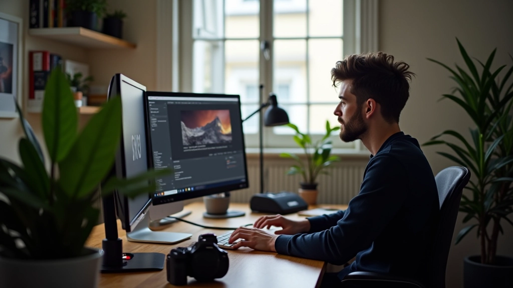 Estúdio e espaço de trabalho de fotógrafo profissional com equipamento de câmara, computador e referências de fotografia de paisagem e rua em Porto e Sintra