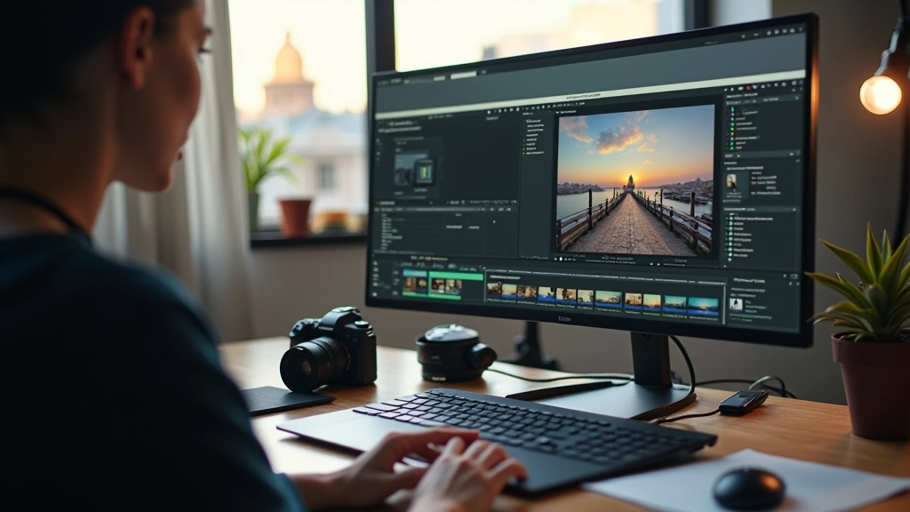 Tela de computador com software de edição fotográfica mostrando antes e depois