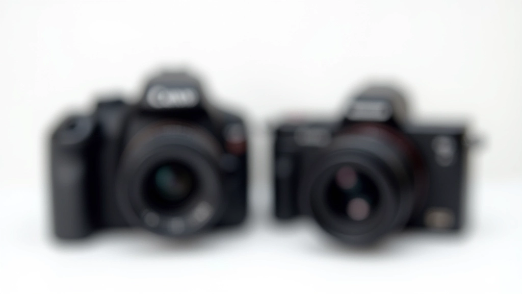 Comparação lado a lado de uma câmara DSLR e uma câmara mirrorless profissional, ambas sobre fundo neutro