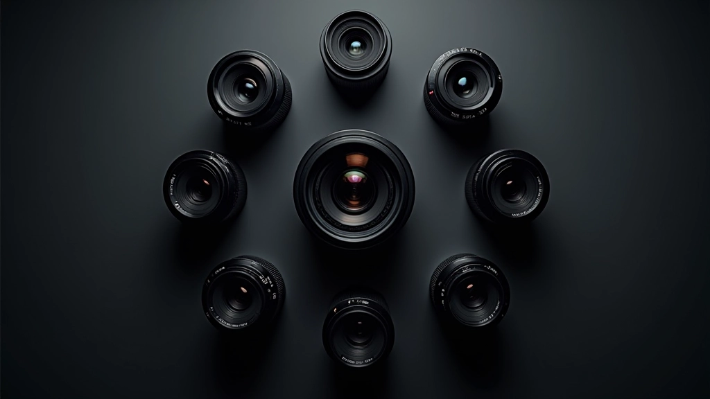 Seleção de lentes fotográficas com diferentes comprimentos focais dispostas em círculo