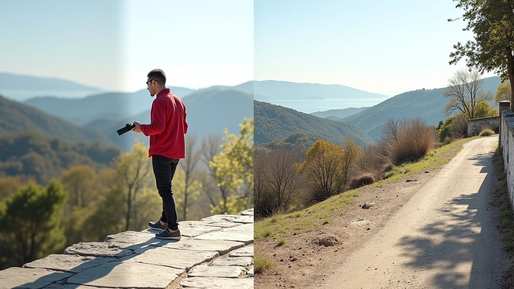 Comparação visual de três ajustes de edição mostrando mudanças de exposure, contraste e saturação em foto de paisagem montanhosa